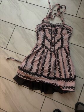 Pink Halter Dress with Black Lace Trim